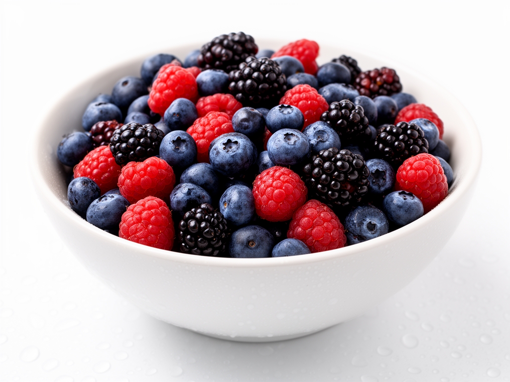 Ciotola di frutti di bosco misti — mirtilli, lamponi e more — su sfondo bianco con gocce d'acqua che riflettono la luce naturale