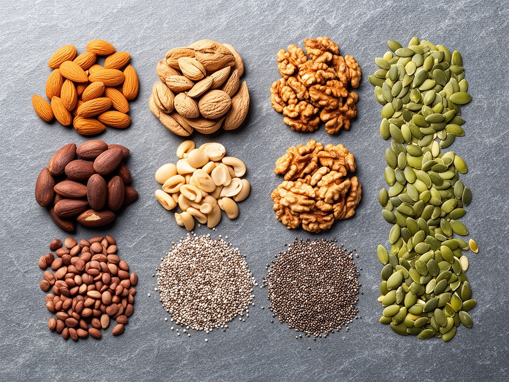 Assortimento di semi e noci — mandorle, noci brasiliane, semi di chia e semi di zucca — disposti ordinatamente su superficie di pietra grigia