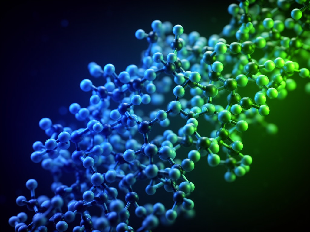 Primo piano di una struttura molecolare tridimensionale visualizzata su sfondo scuro con illuminazione blu e verde che simboleggia la ricerca biochimica