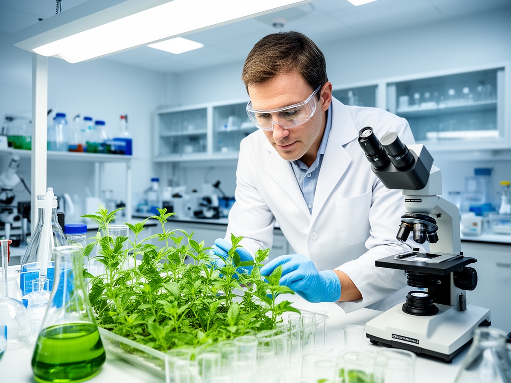 Ricercatore che osserva campioni di piante medicinali in laboratorio moderno con attrezzatura scientifica e luce artificiale bianca