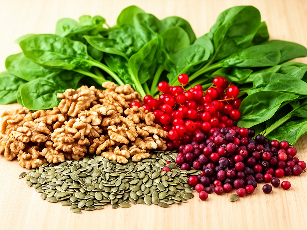 Selezione di alimenti naturali ricchi di nutrienti: noci, semi, frutti rossi e verdure verdi disposti su una superficie di legno chiaro